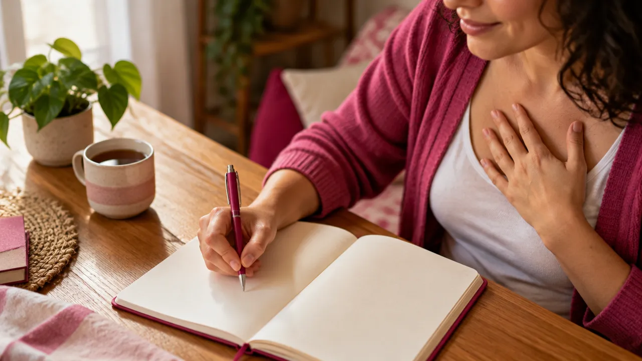 Pessoa escrevendo em um caderno durante um exercício de reflexão e autocompaixão