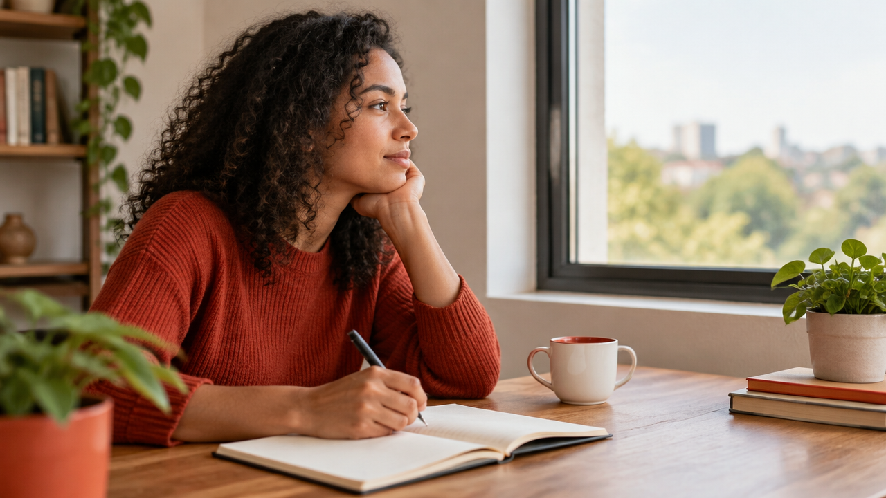 Pessoa escrevendo em um caderno durante um exercício de reflexão sobre autocrítica e diálogo interno