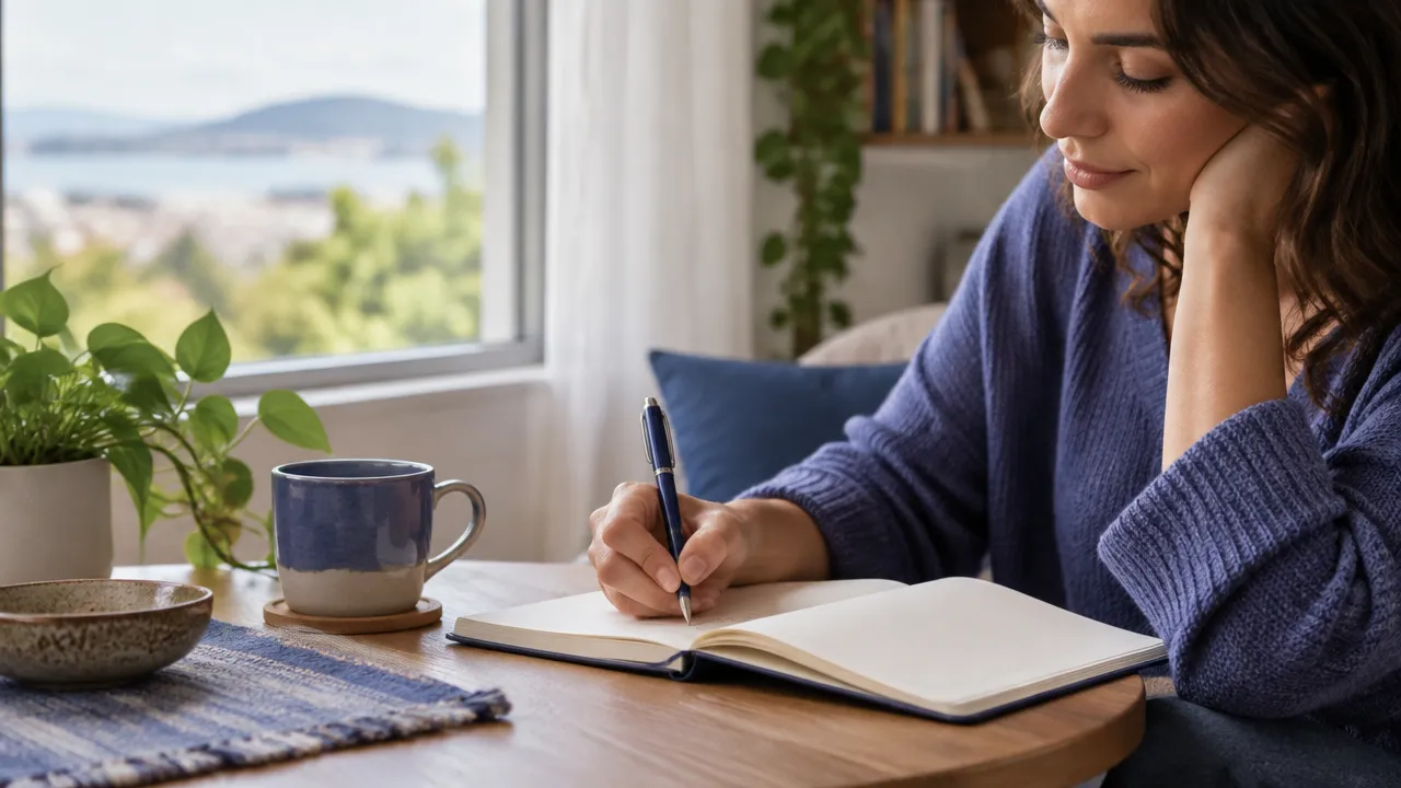 Pessoa escrevendo em um caderno durante um momento de solitude, usando a reflexão para reconhecer emoções e escolhas.