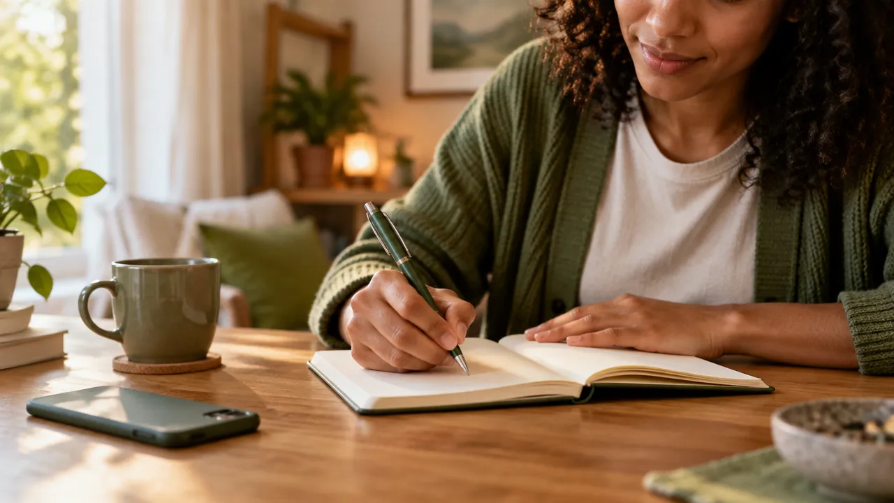 Pessoa escrevendo em um caderno durante uma pausa de reflexão emocional no fim do dia