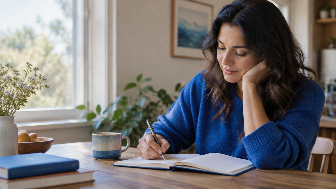 Pessoa escrevendo em um caderno enquanto reflete sobre suas experiências e emoções