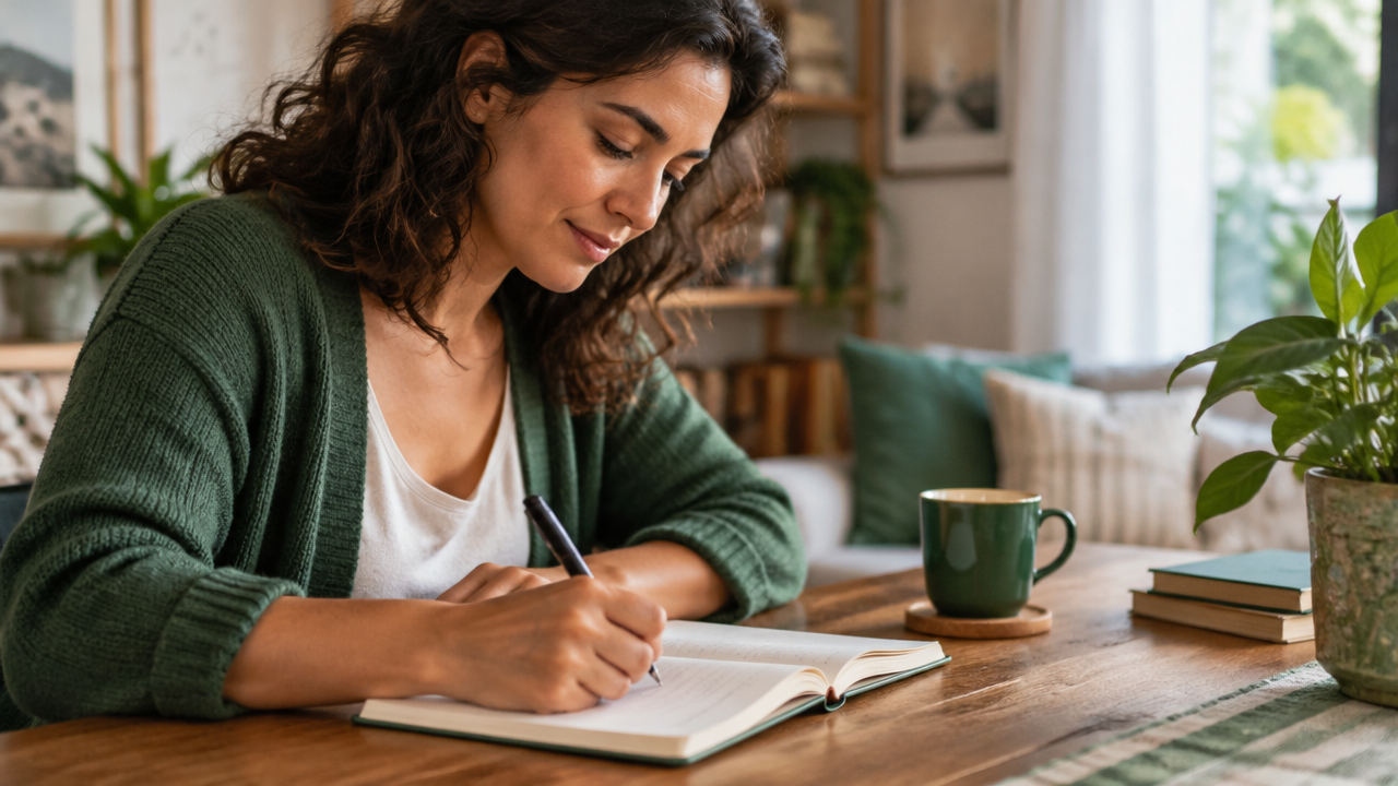 Pessoa escrevendo em um caderno para identificar emoções e refletir sobre o dia