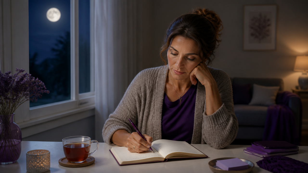 Pessoa escrevendo em um diário à noite para refletir sobre crenças e emoções ligadas ao dinheiro.