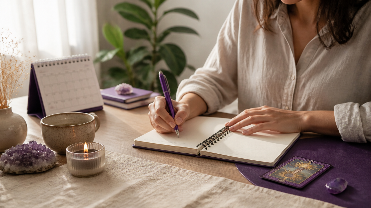 Pessoa escrevendo intenções em um caderno com carta de tarot e vela ao lado
