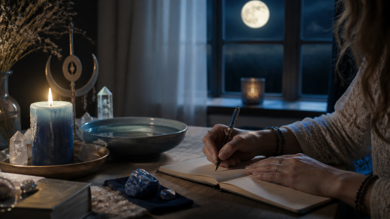 Pessoa escrevendo intenções em um caderno diante de um altar lunar com vela e cristais