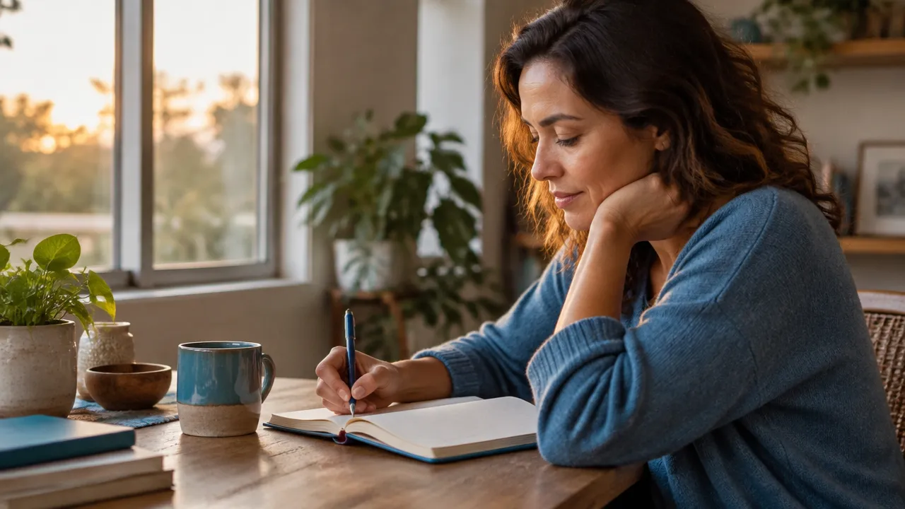 Pessoa escrevendo no caderno durante uma pausa para reconhecer algo positivo e definir uma ação com significado