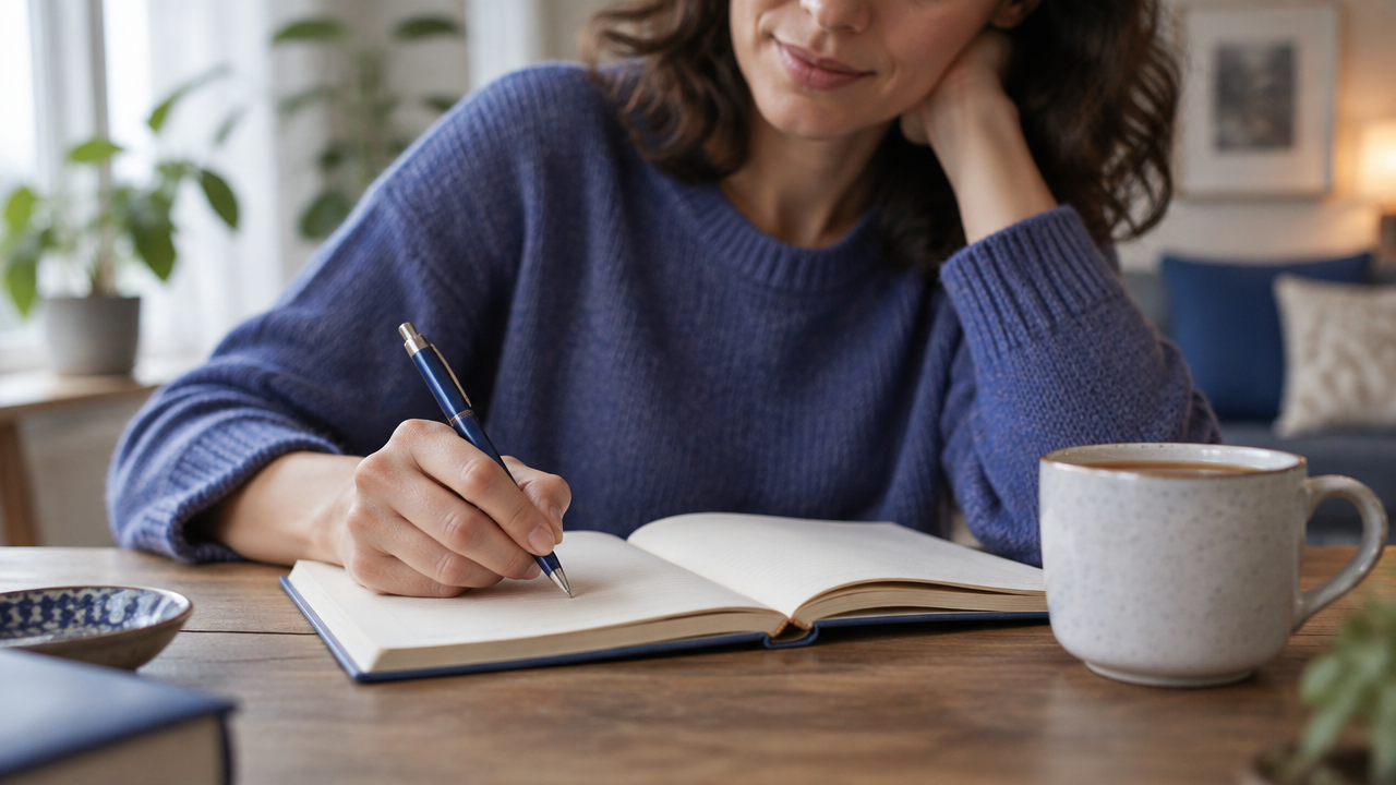 Pessoa escrevendo no caderno em um ambiente tranquilo como prática de autoconhecimento