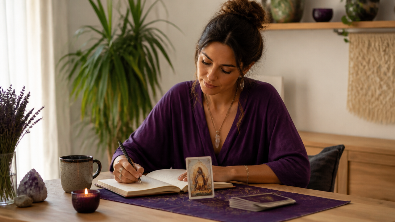 Pessoa escrevendo no diário espiritual depois de uma tiragem simples de tarot pela manhã