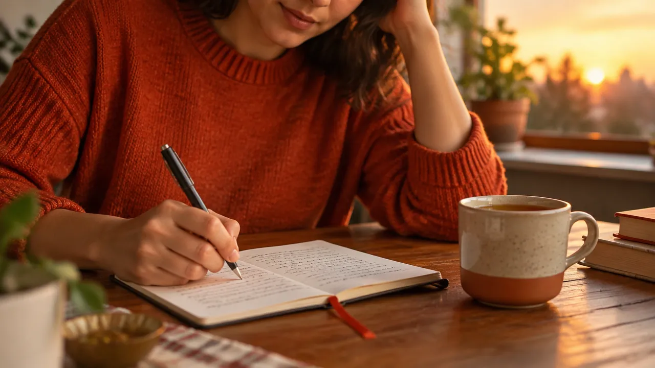 Pessoa escrevendo reflexões realistas sobre o dia em um caderno, com uma xícara de chá ao lado.