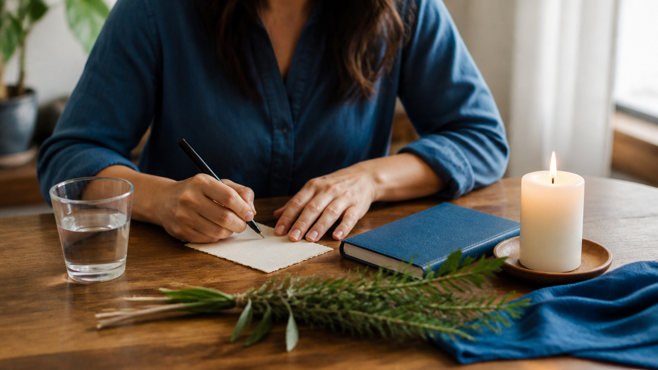 Pessoa escrevendo uma intenção em papel antes de fazer uma prática espiritual simples.