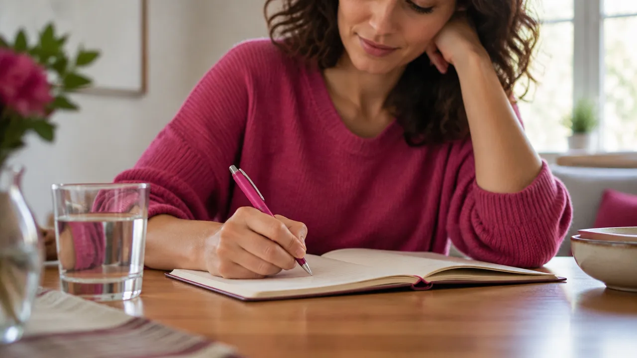 Pessoa escrevendo uma pequena próxima tarefa em um caderno para recuperar o foco com gentileza.