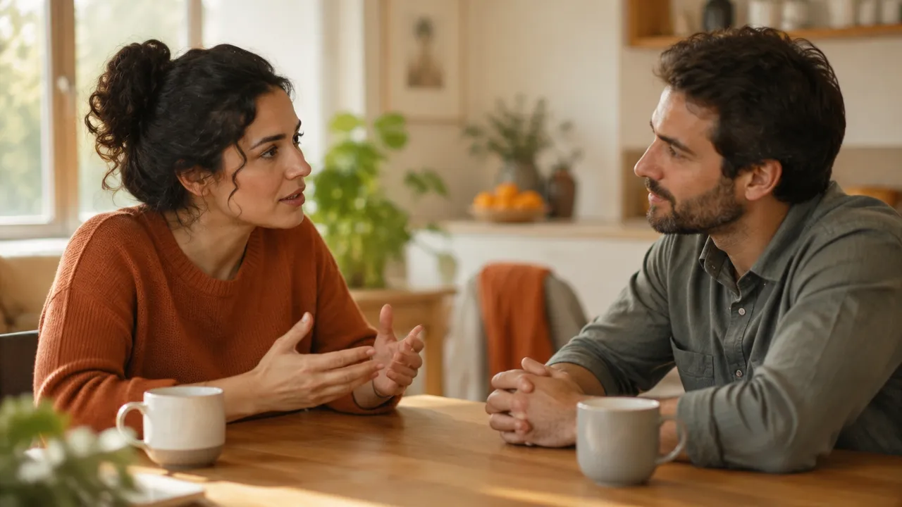Pessoa escuta com atenção enquanto outra compartilha uma preocupação durante uma conversa calma.