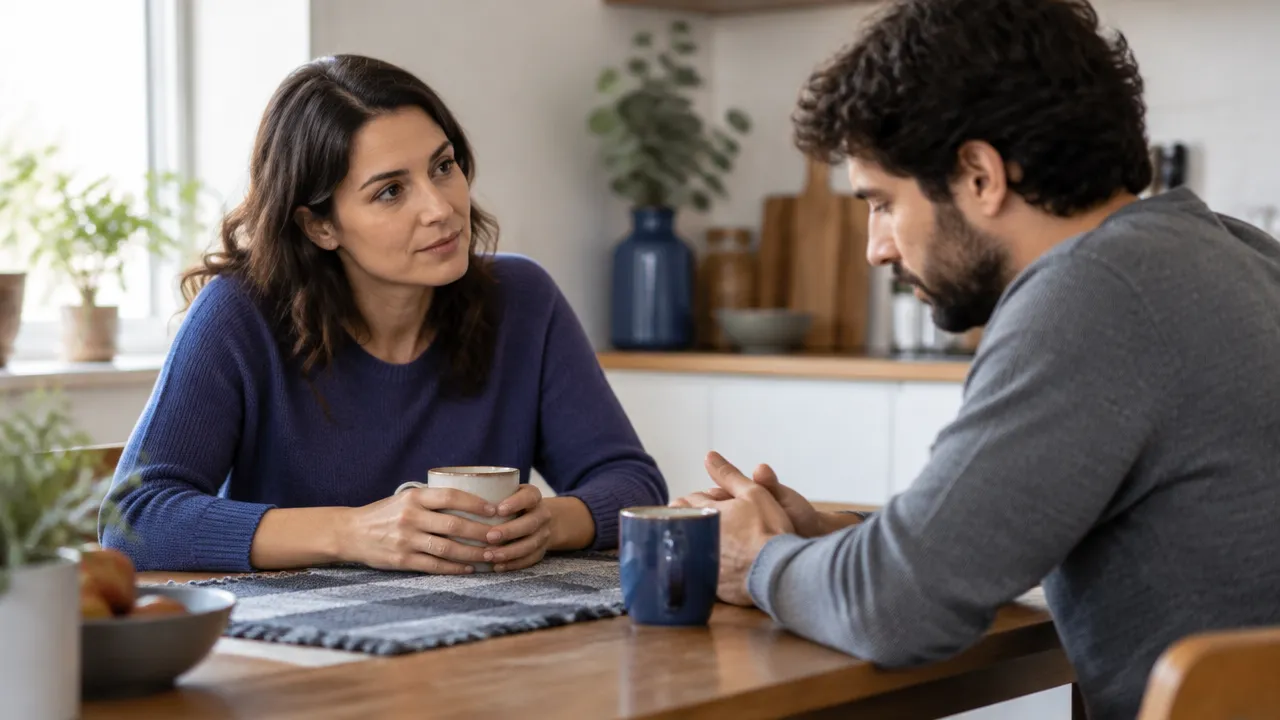 Pessoa escutando com atenção e calma alguém que conversa com hesitação à mesa de casa
