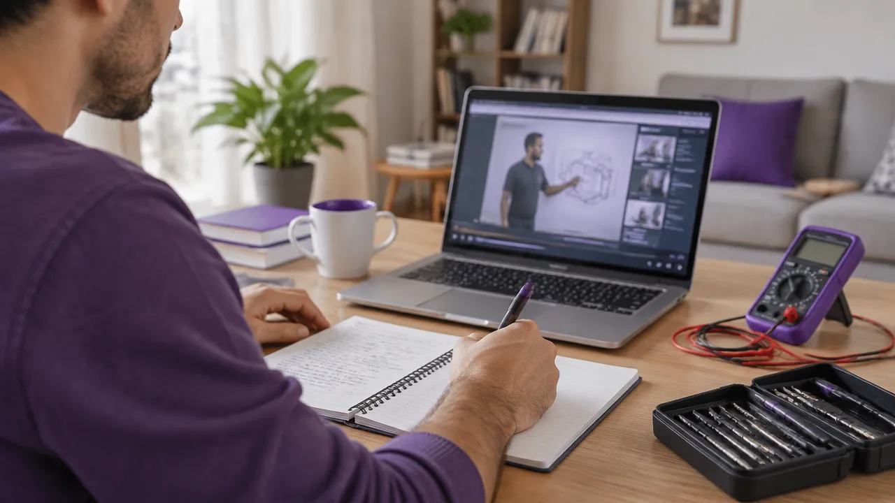 Pessoa estuda uma aula técnica online e organiza anotações e materiais de prática em casa