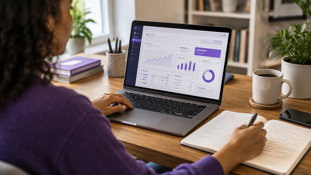 Pessoa estudando campanhas digitais no laptop e anotando conceitos em um caderno