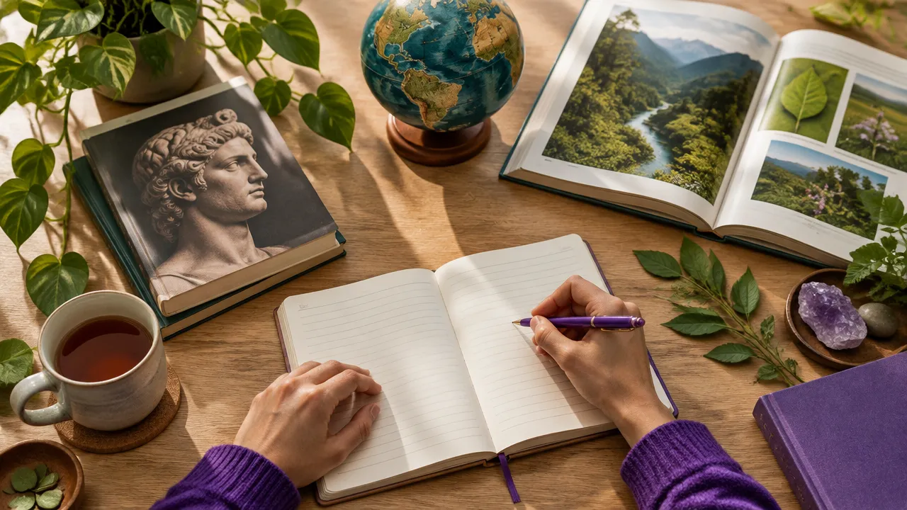 Pessoa estudando e anotando ao lado de livros, folhas e um globo, representando os ensinamentos de unidade e estudo da teosofia