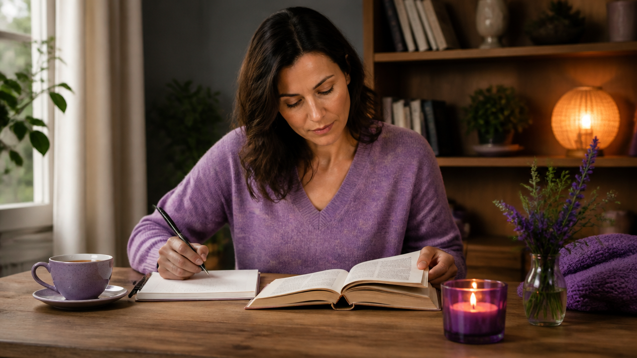 Pessoa estudando espiritualidade com livro aberto e anotações em ambiente tranquilo