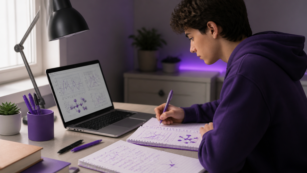 Pessoa estudando funções, física e química com notebook e caderno