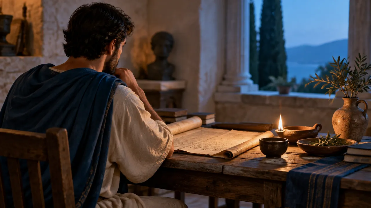 Pessoa estudando manuscrito antigo ao lado de uma lamparina, em cena contemplativa sobre a teurgia