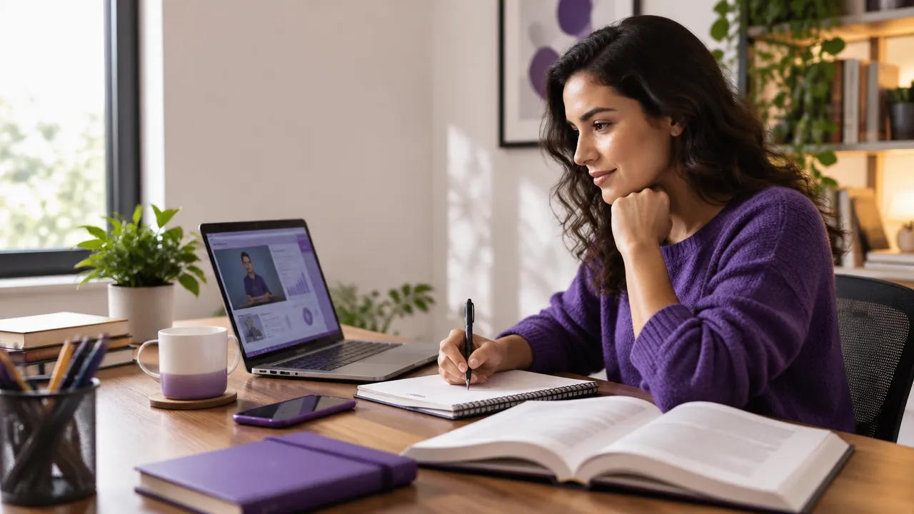 Pessoa estudando marketing de afiliados com laptop, caderno e livro em uma mesa de trabalho
