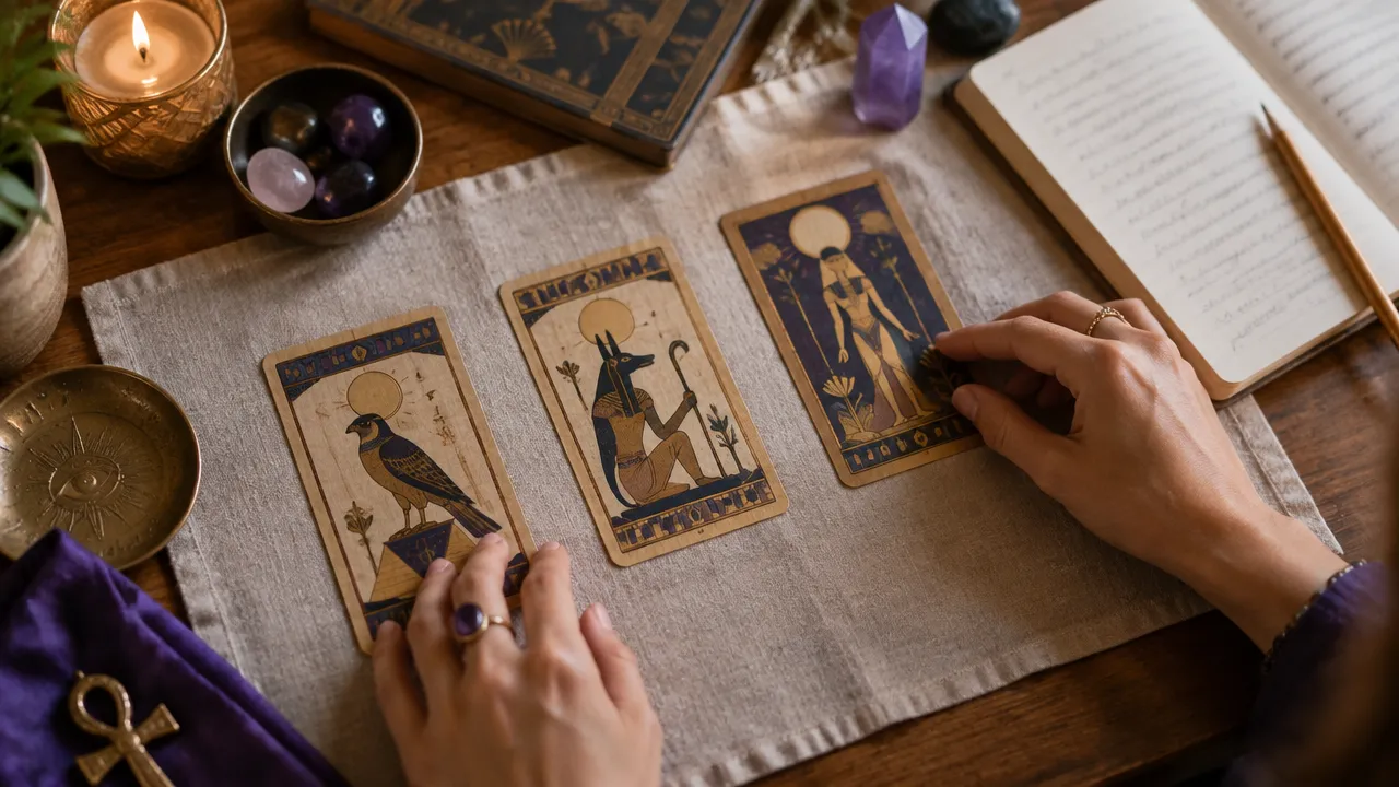 Pessoa estudando uma tiragem de três cartas de Tarot Egípcio sobre uma mesa