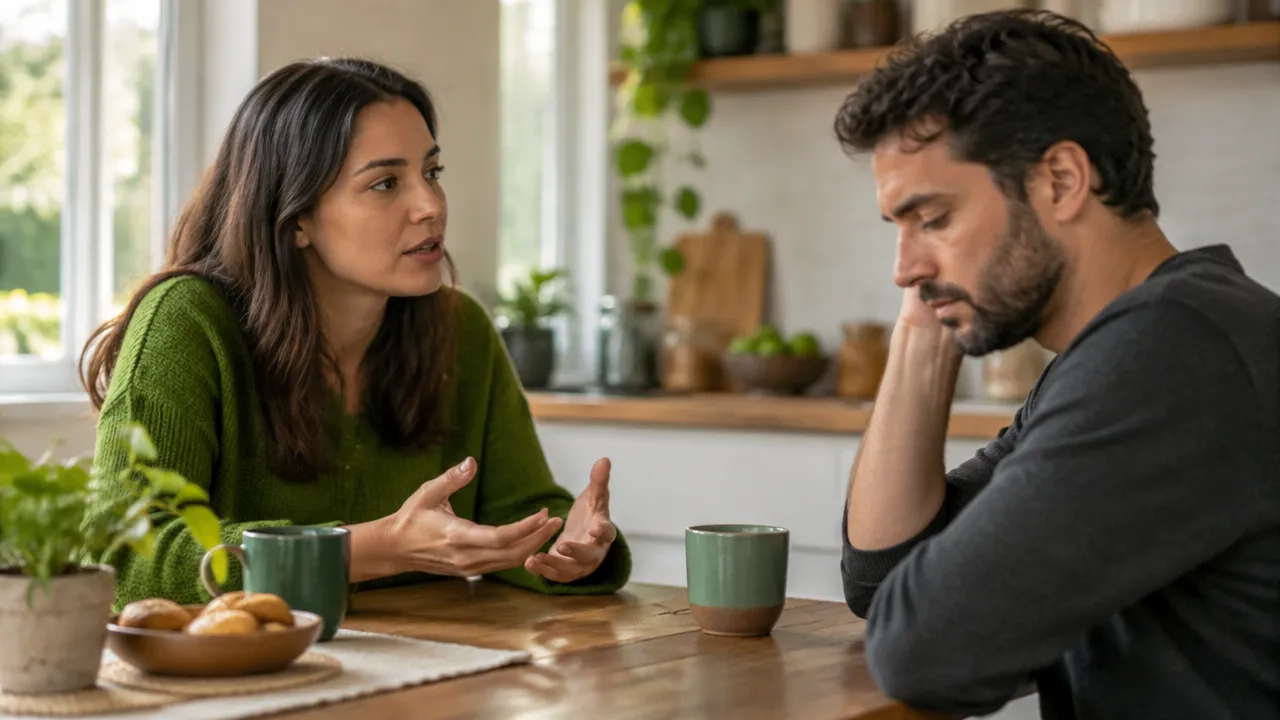 Pessoa evita o contato visual enquanto a outra busca manter uma conversa calma