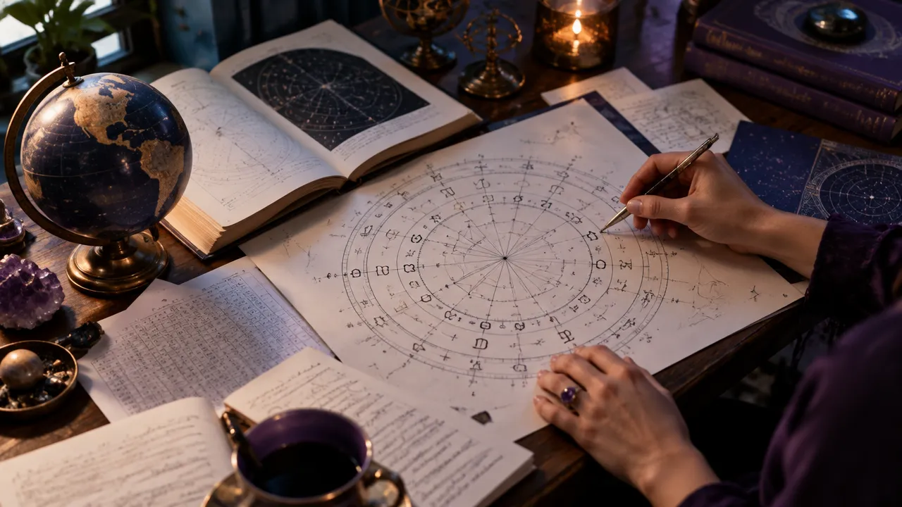 Pessoa examinando um mapa astrológico circular ao lado de um globo, em uma mesa de estudo.