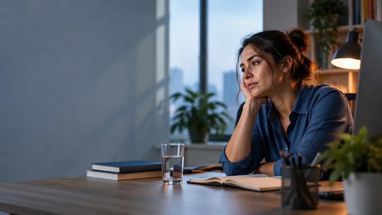 Pessoa exausta fazendo uma pausa em sua mesa de trabalho ao fim do expediente