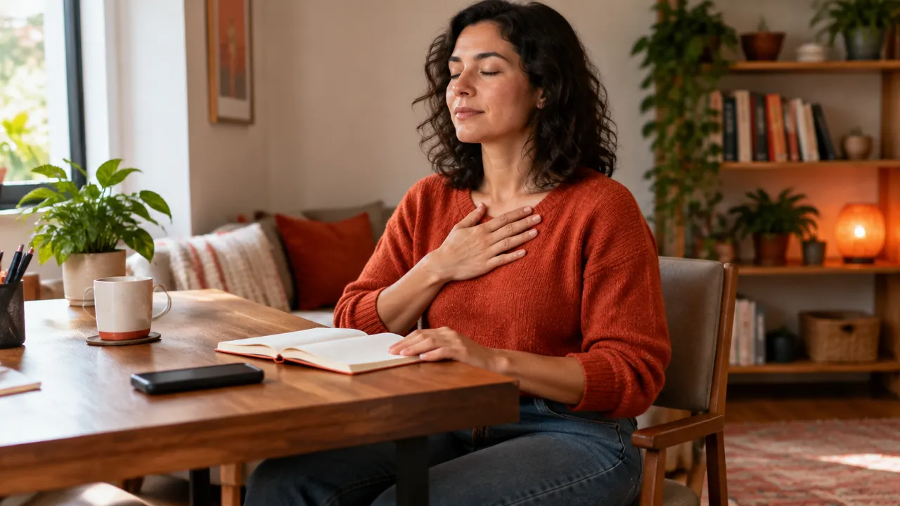 Pessoa faz uma pausa à mesa, sente os pés no chão e organiza as emoções antes de responder a uma situação difícil.