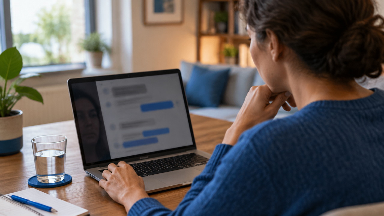 Pessoa faz uma pausa antes de responder a uma conversa política no laptop