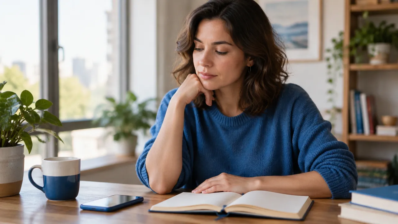 Pessoa faz uma pausa antes de responder a uma crítica, com o celular virado para baixo e um caderno aberto à mesa.