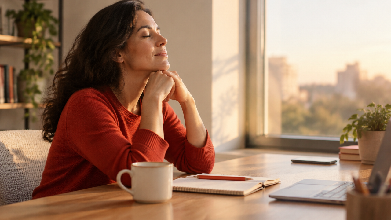 Pessoa faz uma pausa breve e atenta junto à mesa de trabalho, com o celular afastado e um caderno ao lado