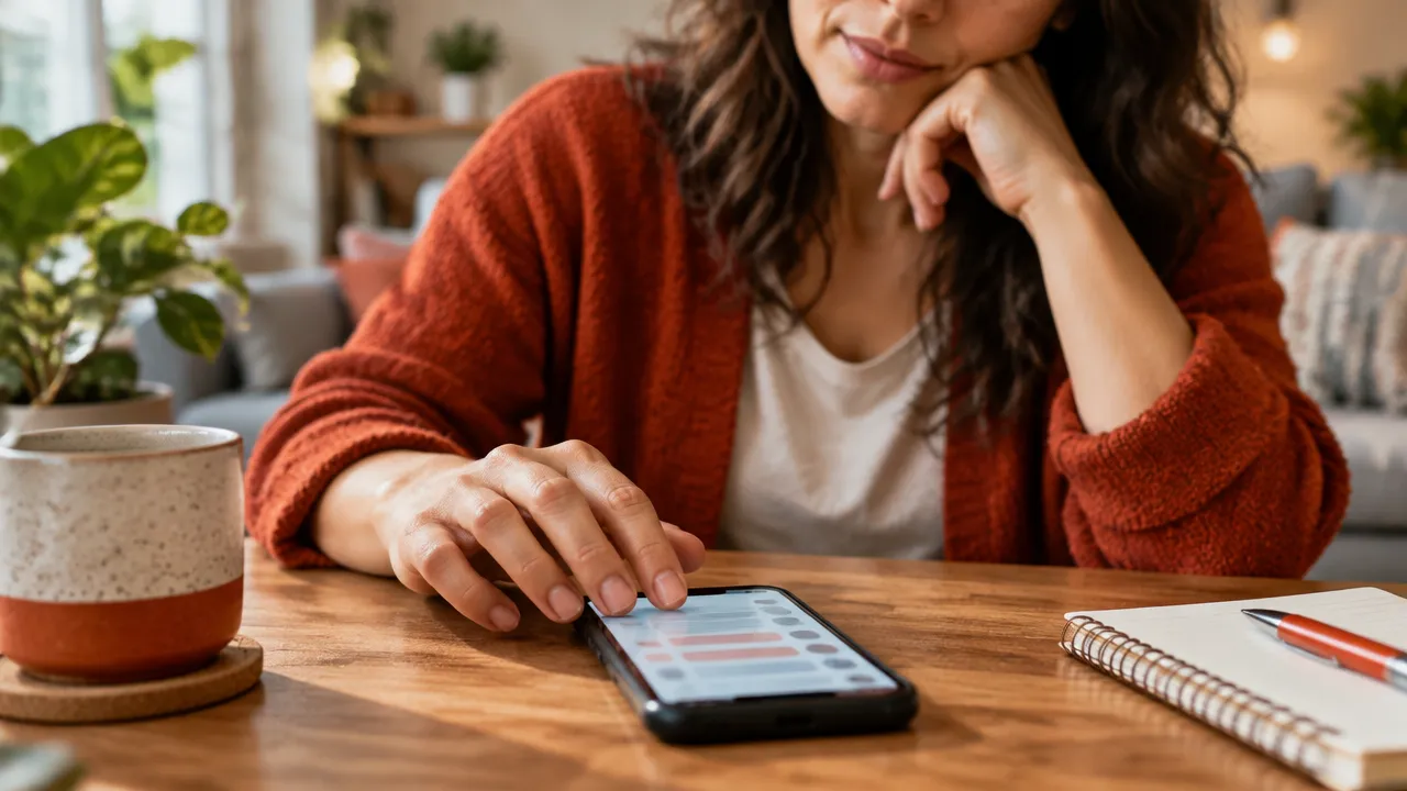 Pessoa faz uma pausa com o celular sobre a mesa antes de responder a uma discussão online.