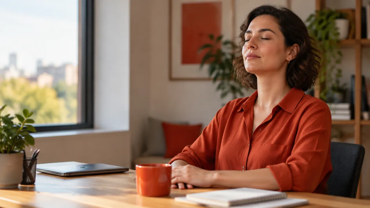 Pessoa faz uma pausa consciente à mesa de trabalho para retomar o foco com mais clareza.