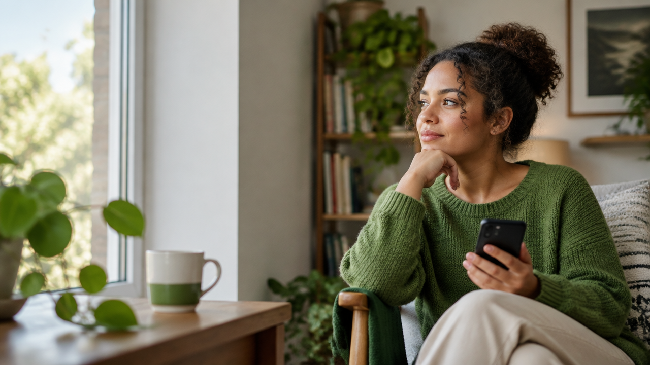 Pessoa faz uma pausa consciente antes de interagir nas redes sociais pelo celular.