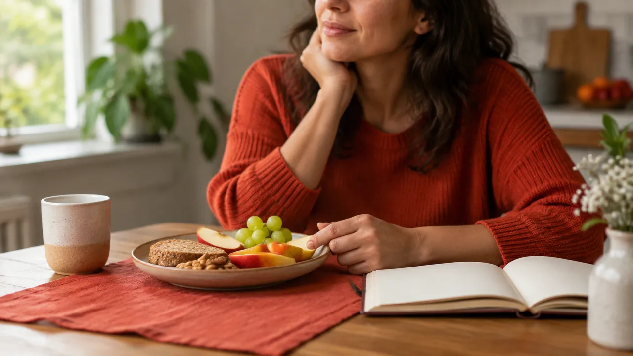 Pessoa faz uma pausa consciente diante de uma refeição simples, observando emoções e sinais de fome.