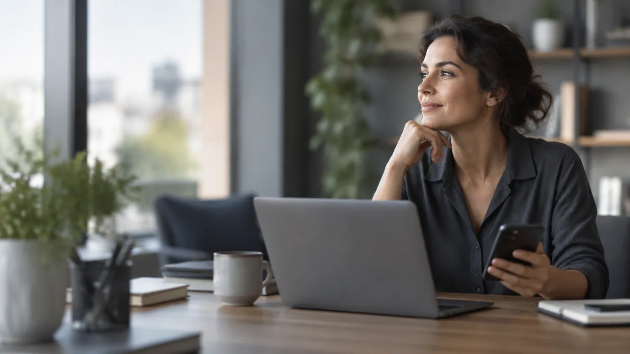 Pessoa faz uma pausa consciente diante do celular e do laptop em um ambiente de trabalho
