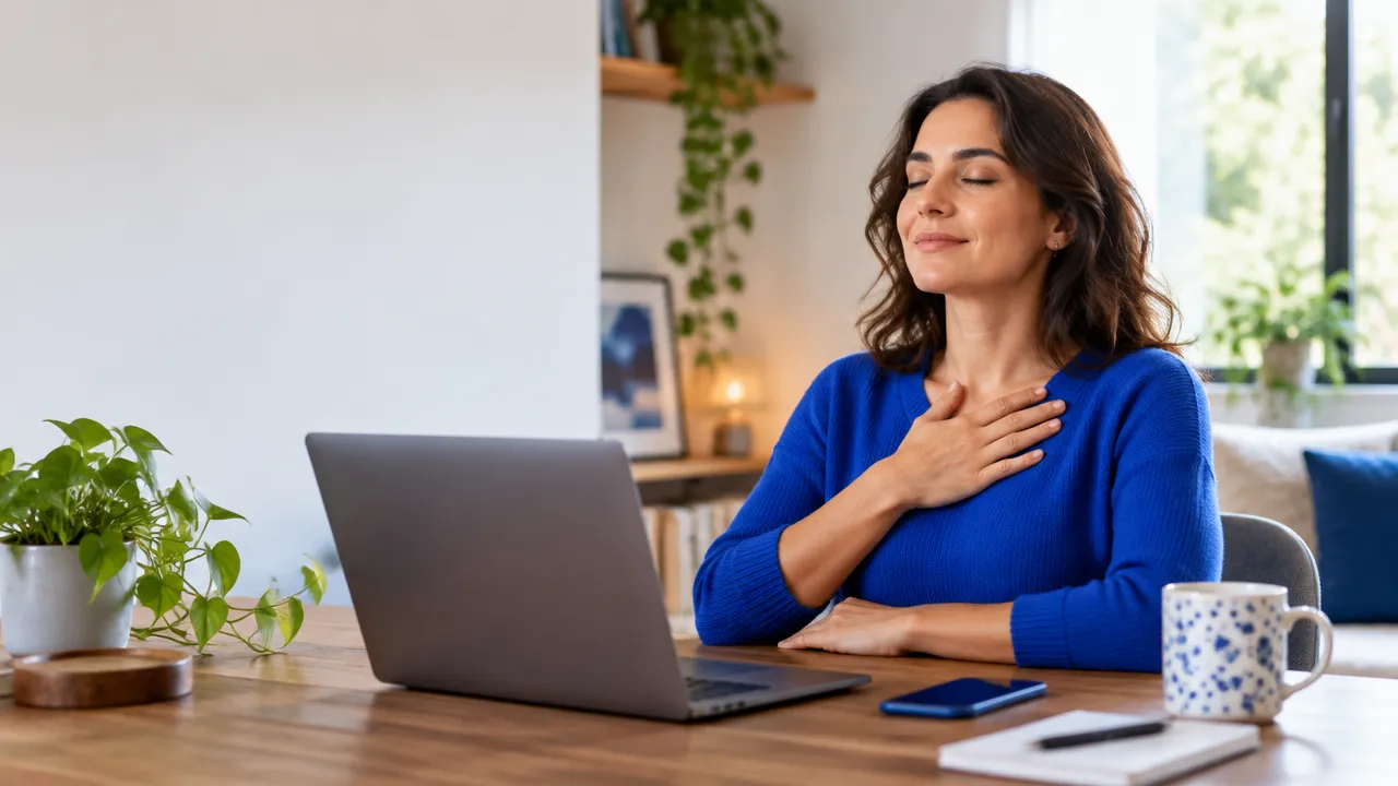 Pessoa faz uma pausa consciente diante do laptop e do celular em um ambiente de trabalho digital