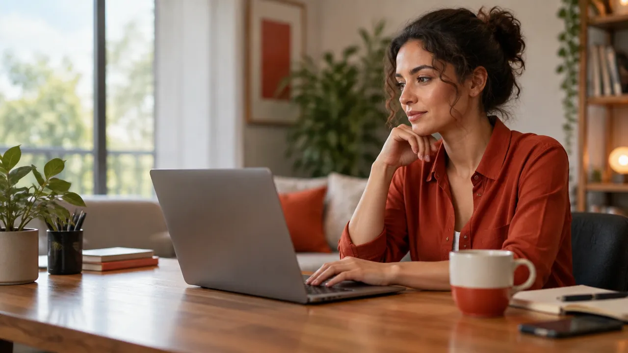 Pessoa faz uma pausa consciente diante do notebook antes de enviar uma mensagem, representando decisões éticas no ambiente digital.