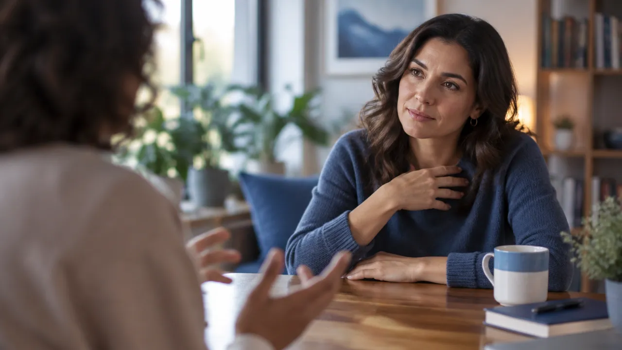 Pessoa faz uma pausa consciente durante uma conversa para reconhecer a emoção antes de responder