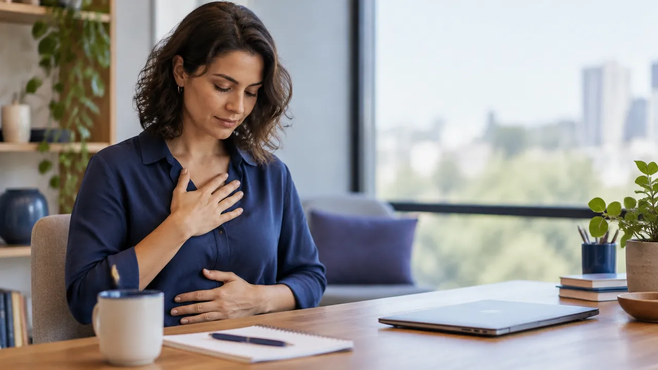 Pessoa faz uma pausa consciente e respira antes de responder a uma situação emocional