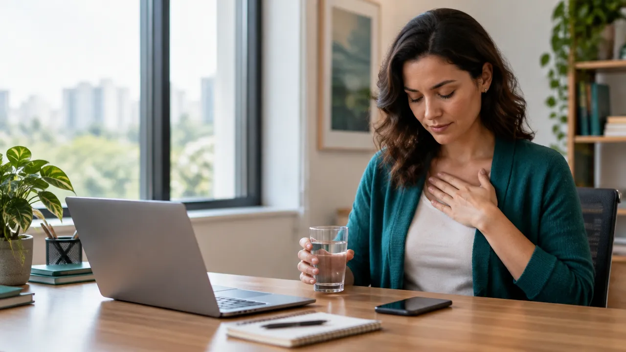 Pessoa faz uma pausa consciente no trabalho antes de responder a uma situação emocionalmente difícil.