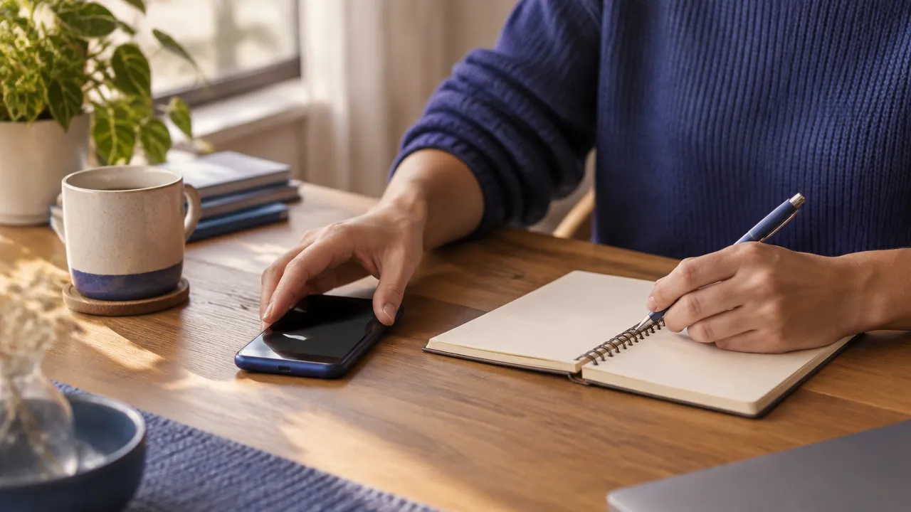 Pessoa faz uma pausa e deixa o celular de lado antes de tomar uma decisão de consumo online