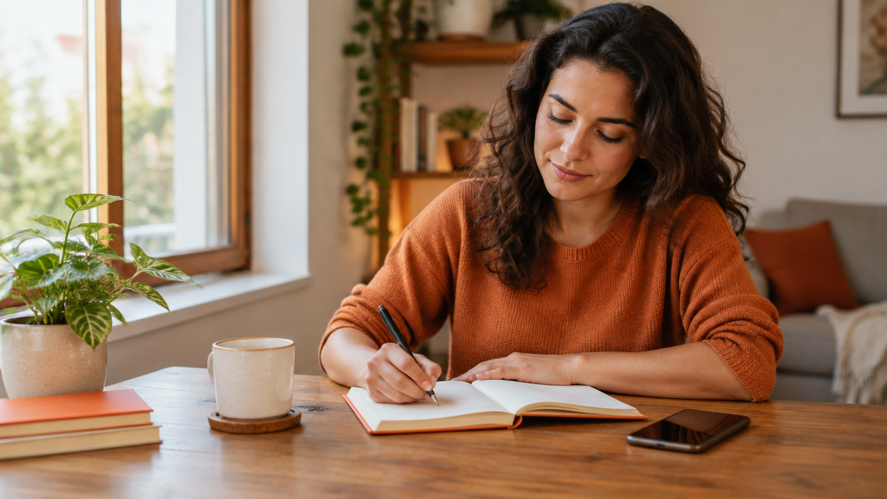 Pessoa faz uma pausa e escreve no caderno antes de reagir a uma mensagem, praticando autorregulação emocional.
