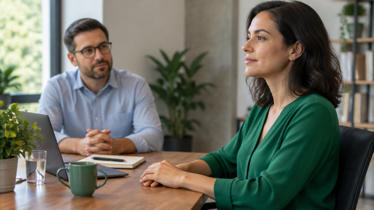 Pessoa faz uma pausa e percebe a postura e a respiração antes de responder durante uma conversa profissional.