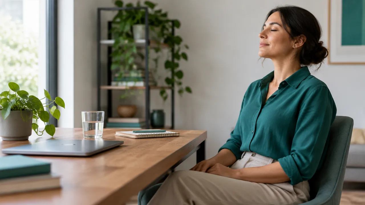 Pessoa faz uma pausa na mesa de trabalho para notar a respiração, a postura e a tensão nos ombros.
