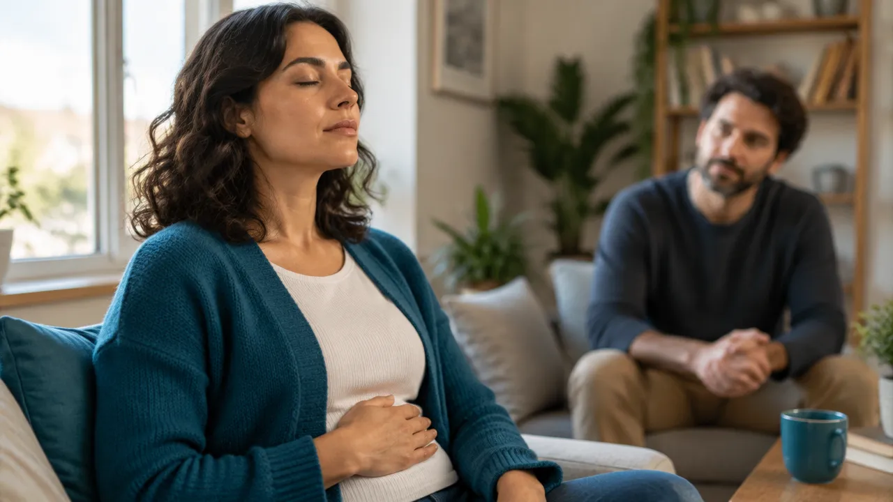 Pessoa faz uma pausa para respirar e recuperar a calma antes de retomar uma conversa difícil.
