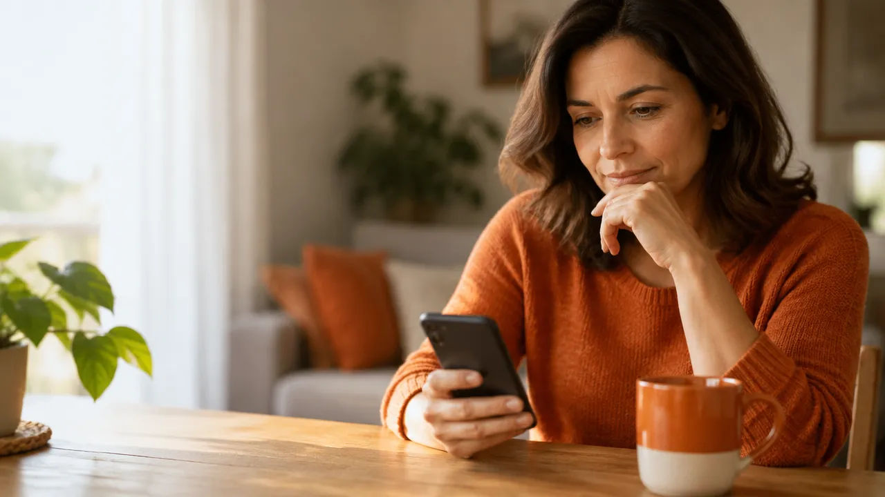 Pessoa faz uma pausa reflexiva antes de responder a uma mensagem familiar no celular
