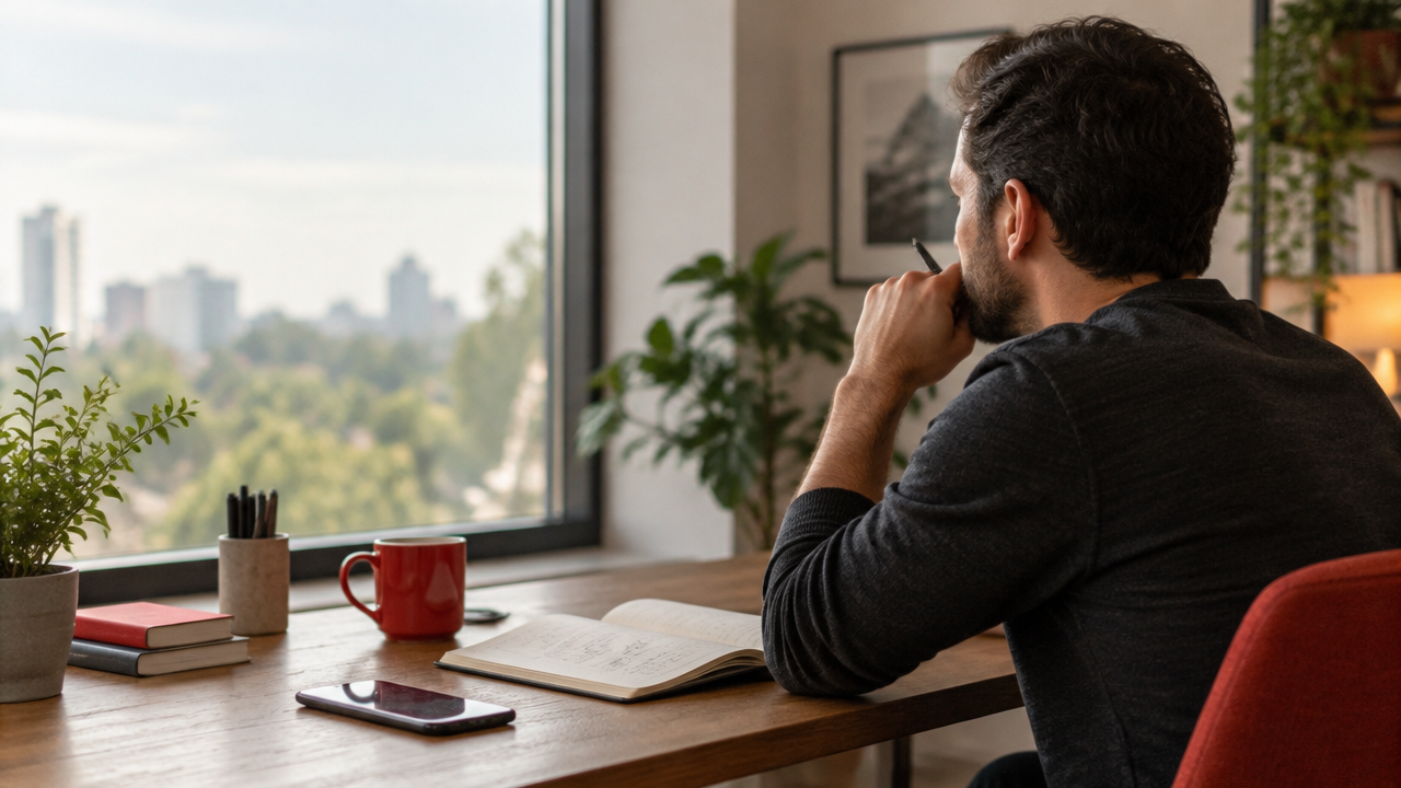 Pessoa faz uma pausa reflexiva diante do celular e de um caderno ao ponderar uma decisão ética