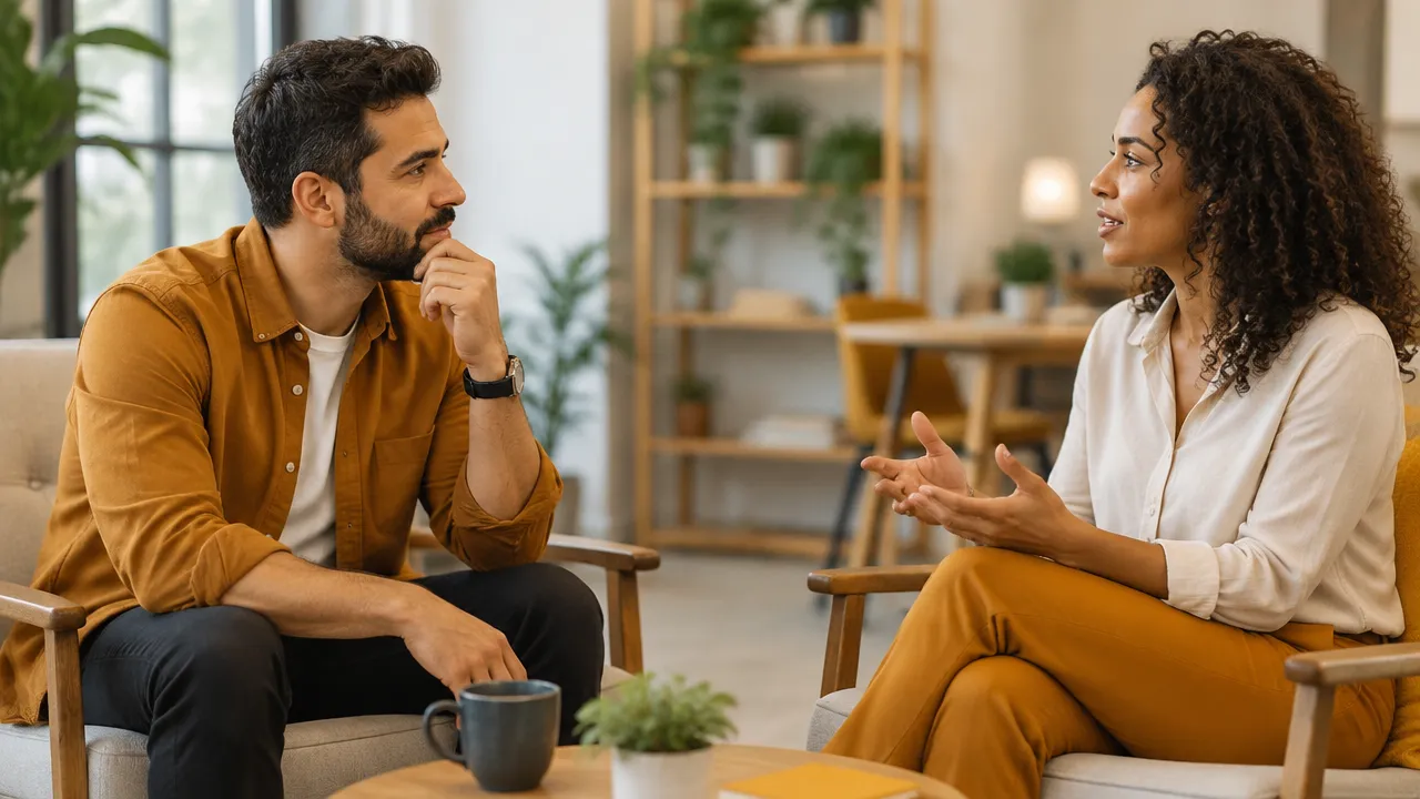 Pessoa faz uma pausa reflexiva durante uma conversa, observando a própria reação antes de responder.